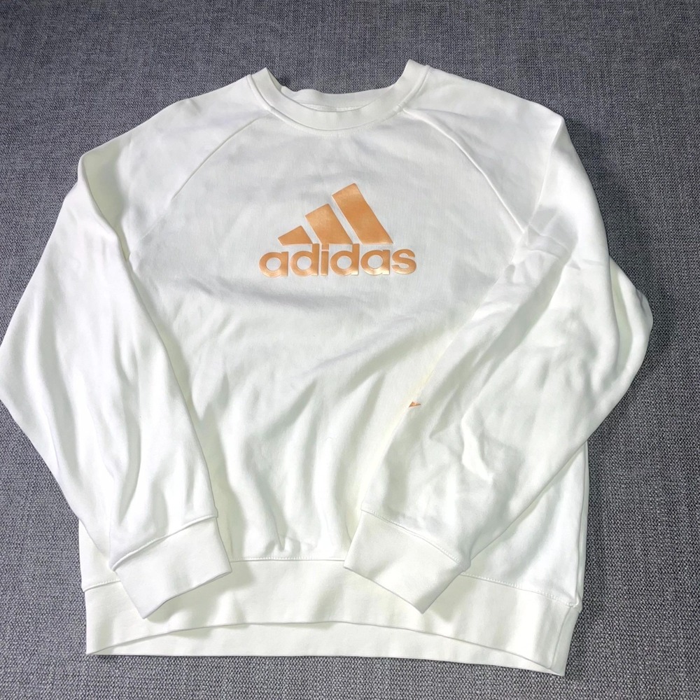 Adidas Sweatshirt Women's White Prominent Metallic Gold Logo Crew Neck Pullover